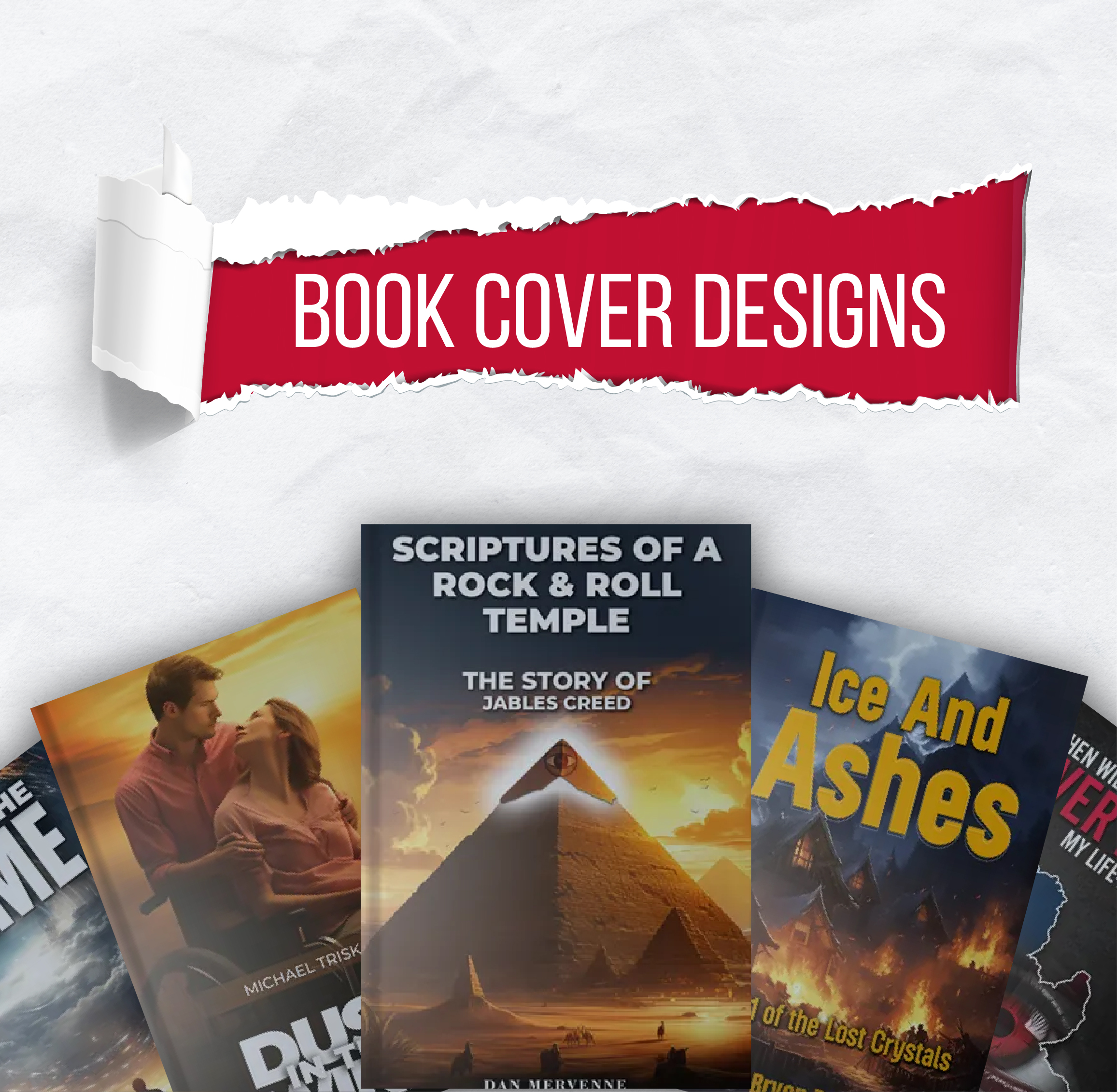 A sample book cover design featuring creative typography and visuals.